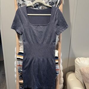 Ribbed Square-Neck Midi Dress in Slate Blue